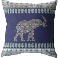 18 Navy Ornate Elephant Zippered Suede Throw Pillow