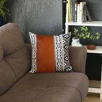 17"" X 17"" Brown Geometric Zippered Handmade Faux Leather Throw Pillow Cover