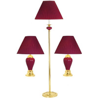 Red Ceramic And Gold Floor And Table Lamp Set With Red Classic Empire Shades