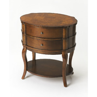 26"" Medium Brown And Umber Solid And Manufactured Wood Oval End Table With Two Drawers And Shelf