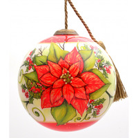 Poinsettia Flower Hand Painted Mouth Blown Glass Ornament