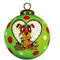 Charming Dog In A Heart Hand Painted Mouth Blown Glass Ornament