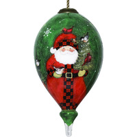 Green Plaid Santa Hand Painted Mouth Blown Glass Ornament