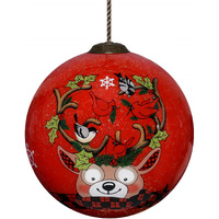 Reindeer With Plaids And Cardinals Hand Painted Mouth Blown Glass Ornament