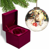 Puppy Under The Christmas Tree Hand Painted Mouth Blown Glass Ornament