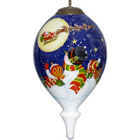 Snowmen Family Watching Santa On A Sleigh Hand Painted Mouth Blown Glass Ornament