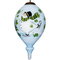 Ice Skating Shamrock Snowman Hand Painted Mouth Blown Glass Ornament