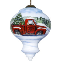 Red Farm Truck With Tree Hand Painted Mouth Blown Glass Ornament