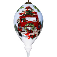 Puppy And Red Truck Christmas Wreath Hand Painted Mouth Blown Glass Ornament