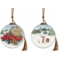 Snowy Mountains Ski Rental Hand Painted Mouth Blown Glass Ornament