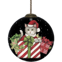 Christmas Cat With Presents Hand Painted Mouth Blown Glass Ornament