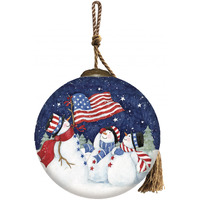 Three Snowman And An American Flag Hand Painted Mouth Blown Glass Ornament