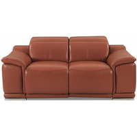 72"" Camel Brown Italian Leather And Chrome Power Recline Love Seat With Storage