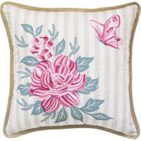 17"" X 17"" Pink Embroidered Floral And Butterfly With Burlap Throw Pillow