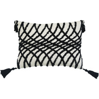 13"" X 18"" Black And White Geometric Zippered Polyester And Cotton Blend Throw Pillow With Tassels