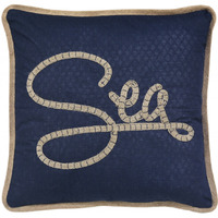 17"" X 17"" Navy Blue And Brown Text Zippered Polyester And Burlap Blend Throw Pillow With Embroidery