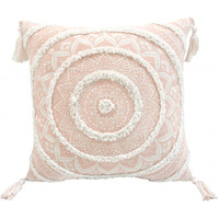 18"" X 18"" Peach And White Geometric Zippered Polyester And Cotton Blend Throw Pillow With Tassels