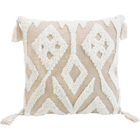 17"" X 17"" Beige And White Ikat Zippered Polyester Throw Pillow With Tassels