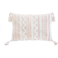 13"" X 18"" Beige And White Damask Zippered Polyester And Burlap Blend Throw Pillow With Tassels