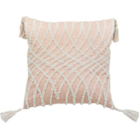 17"" X 17"" Beige And White Interlocking Zippered Polyester Throw Pillow With Tassels
