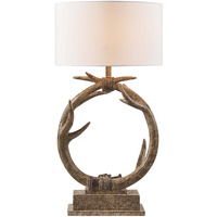 27"" Brown Rustic Faux Antlers Table Lamp With White Drum Shade