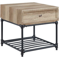 22"" Sandy Black And Oak Manufactured Wood And Metal Square End Table With Drawer And Shelf