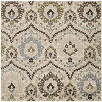 8' Square Ivory Gray And Olive Square Floral Stain Resistant Area Rug