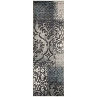 10' Teal And Gray Damask Distressed Stain Resistant Runner Rug