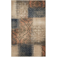 7' X 9' Navy And Salmon Damask Distressed Stain Resistant Area Rug
