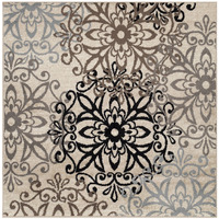 5' Square Tan Gray And Black Square Floral Medallion Stain Resistant Area Rug