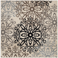 8' Square Tan Gray And Black Square Floral Medallion Stain Resistant Area Rug