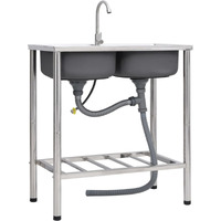 Vidaxl Camping Sink Double Basins With Tap Stainless Steel