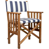 Blue And White And Brown Solid Wood Director Chair With Blue And White Cushion