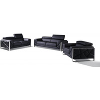Three Piece Indoor Black Italian Leather Six Person Seating Set