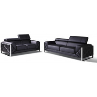 Two Piece Indoor Black Italian Leather Five Person Seating Set
