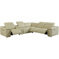 Beige Italian Leather Power Reclining U Shaped Six Piece Corner Sectional With Console