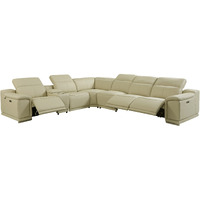 Beige Italian Leather Power Reclining U Shaped Seven Piece Corner Sectional With Console