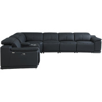 Black Italian Leather Power Reclining U Shaped Seven Piece Corner Sectional With Console
