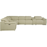 Beige Italian Leather Power Reclining U Shaped Eight Piece Corner Sectional With Console