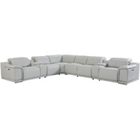 Light Gray Italian Leather Power Reclining U Shaped Eight Piece Corner Sectional With Console