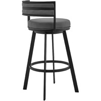 34 Gray And Black Faux Leather And Iron Swivel Low Back Counter Height Bar Chair With Footrest