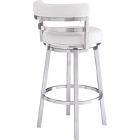 35 White And Silver Faux Leather And Iron Swivel Low Back Counter Height Bar Chair With Footrest