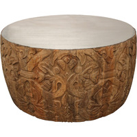 32 Natural Brown And White Wash Hand Carved Wood Round Coffee Table