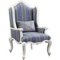 31 Blue White And Brown Fabric And White Striped Wingback Chair