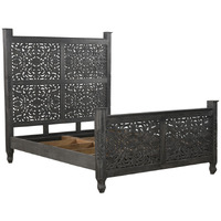 Carved Solid Wood Queen Distressed Black Bed