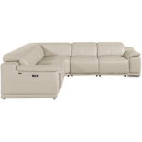 Beige Italian Leather Power Reclining U Shaped Five Piece Corner Sectional With Console