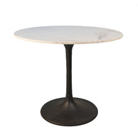 36"" White And Black Rounded Marble And Iron Pedestal Base Dining Table