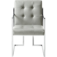 Set Of Two Tufted Light Gray And Silver Metallic Upholstered Faux Leather Dining Arm Chairs