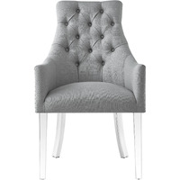 Set Of Two Tufted Light Gray And Clear Upholstered Linen Dining Arm Chairs