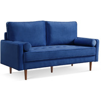 69"" Blue Velvet And Dark Brown Sofa And Toss Pillows